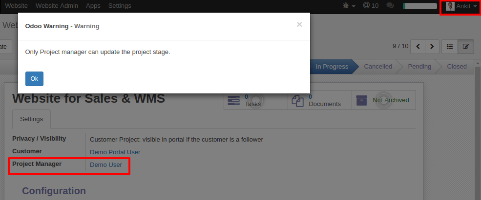 Odoo Warning for Porject Stage Validation