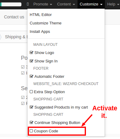Acitvate coupon code for Ecommerce Website in Odoo