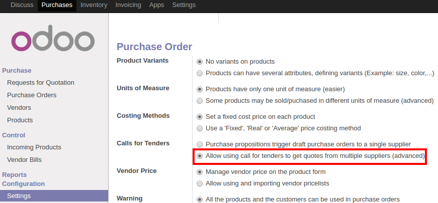 Configure calls for tenders