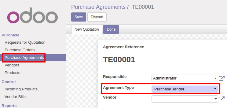 Create Purchase Agreement in Odoo 10 Bidding Functionality