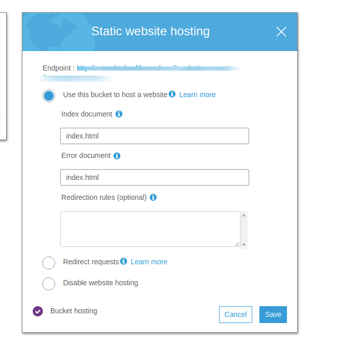 enable static website hosting in AWS s3 bucket to host Ember App
