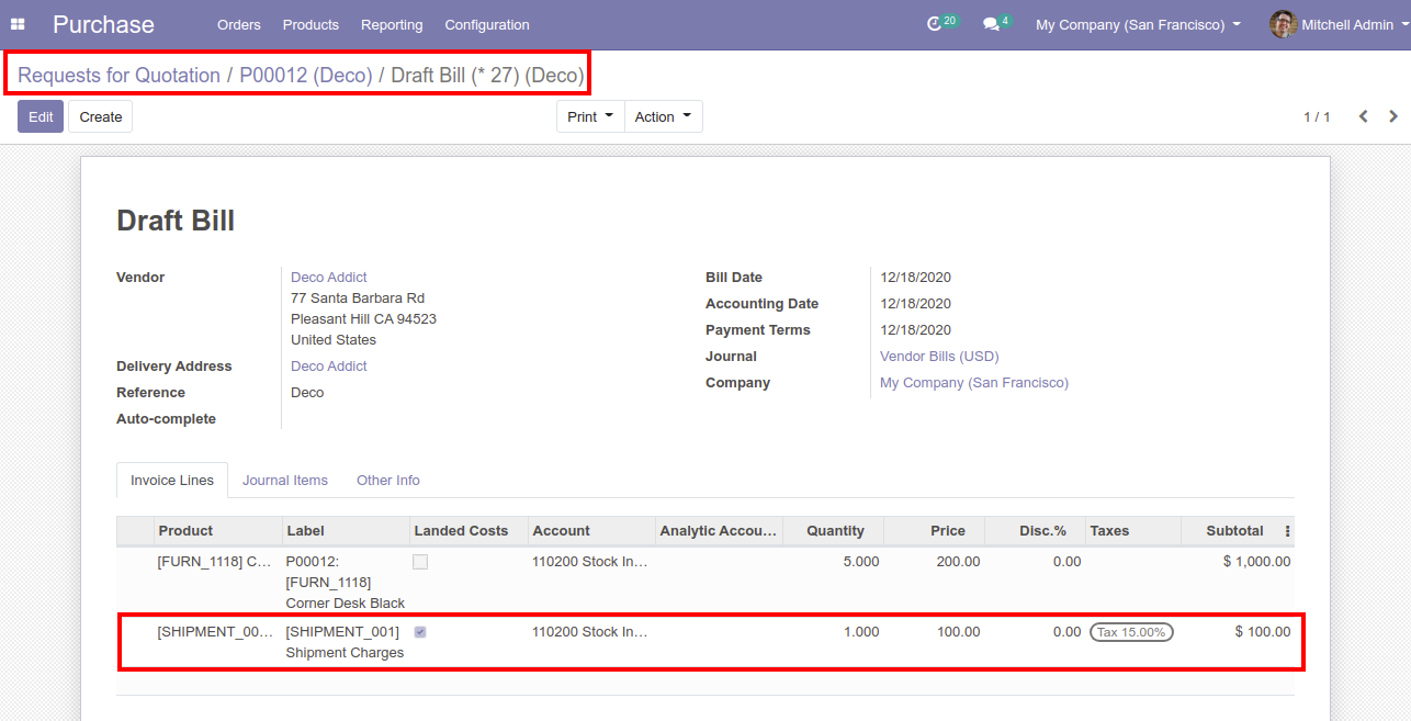 enable landed costs checkbox in invoice