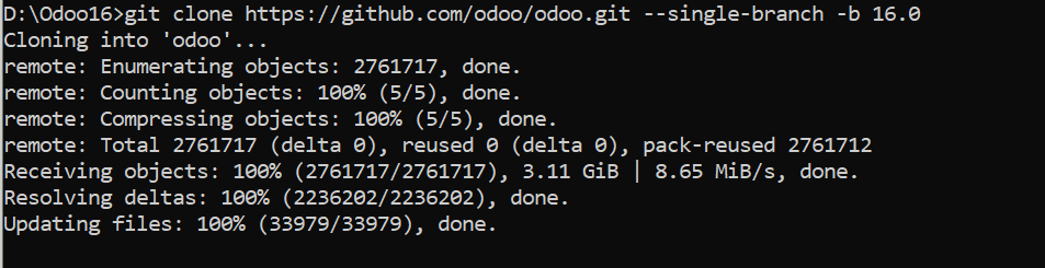 (Fig. 1: Clone Odoo Source Code from the command prompt)