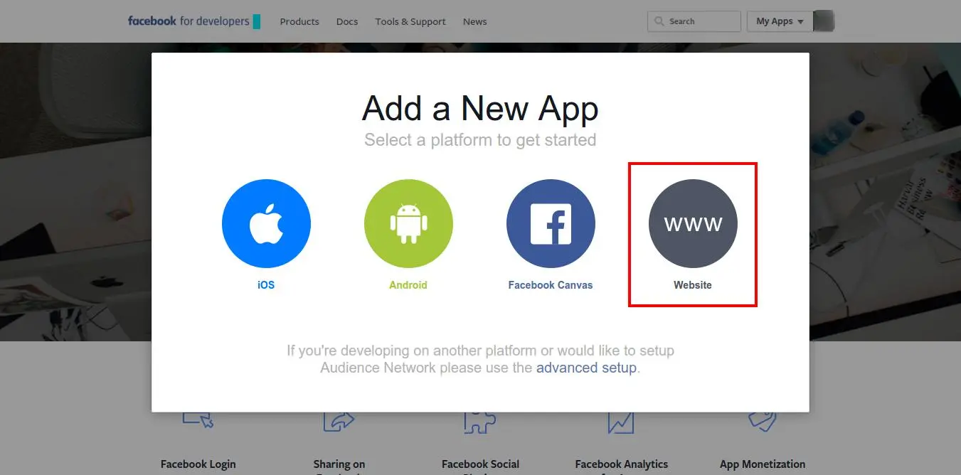 Click on Website to integrate Facebook with Liferay