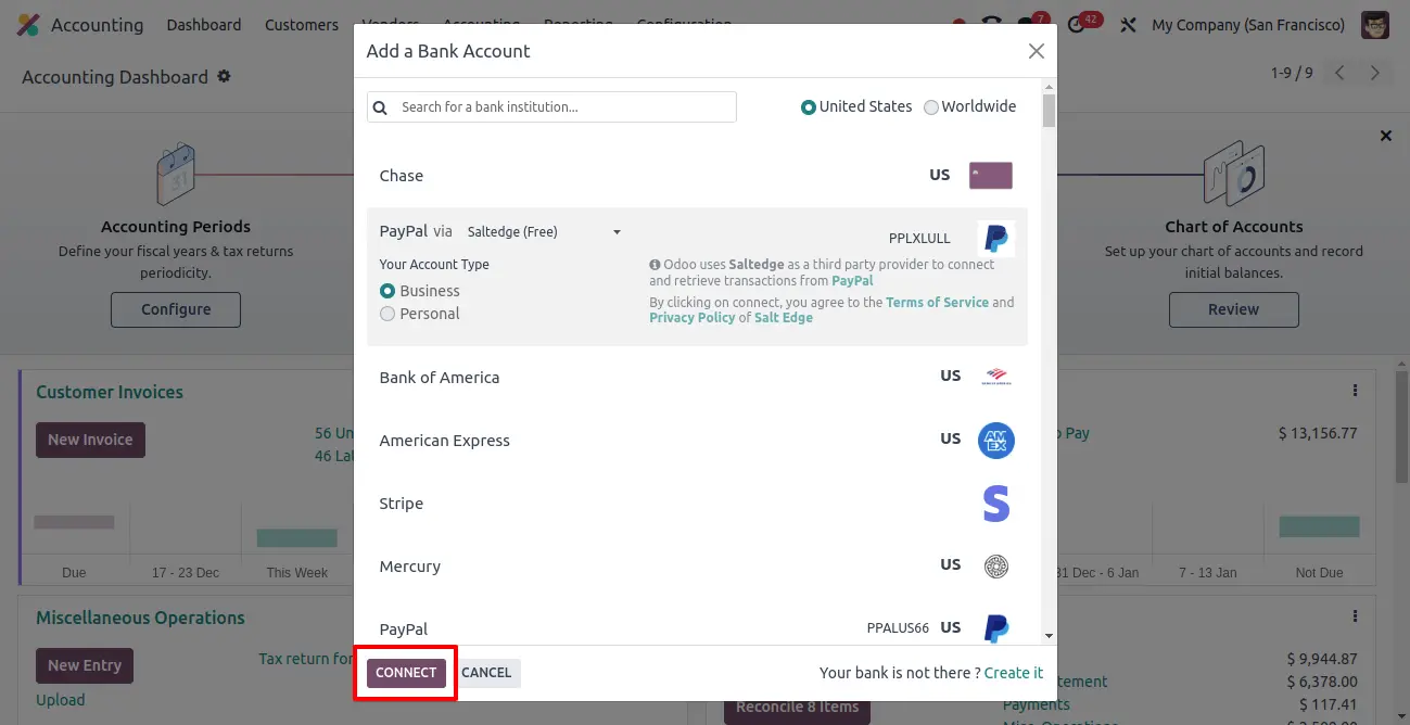 Select your bank in the list, click on Connect, and follow the instructions.