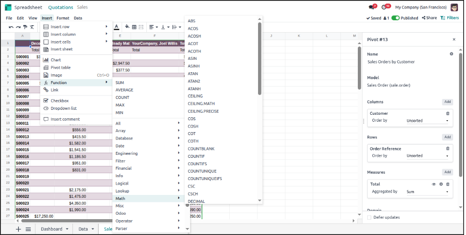 in Odoo Apply formulas including SUM, AVERAGE, LOOKUP, MATCH, etc.