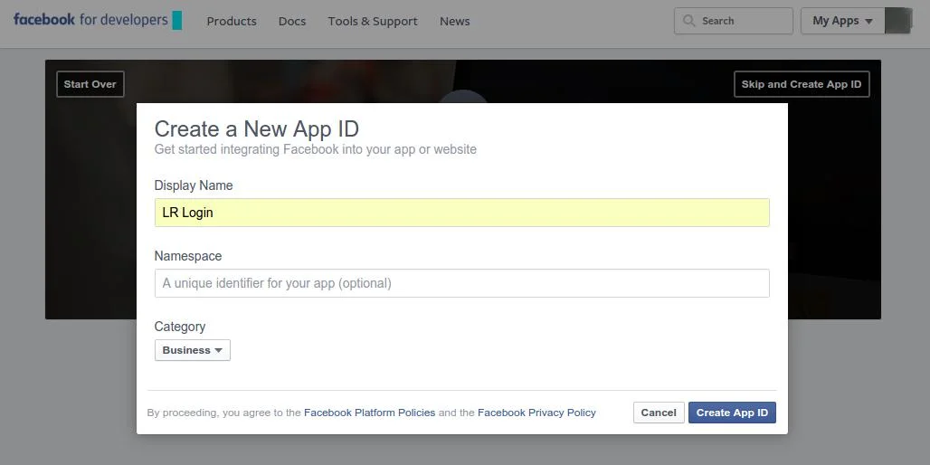 Create New App Id