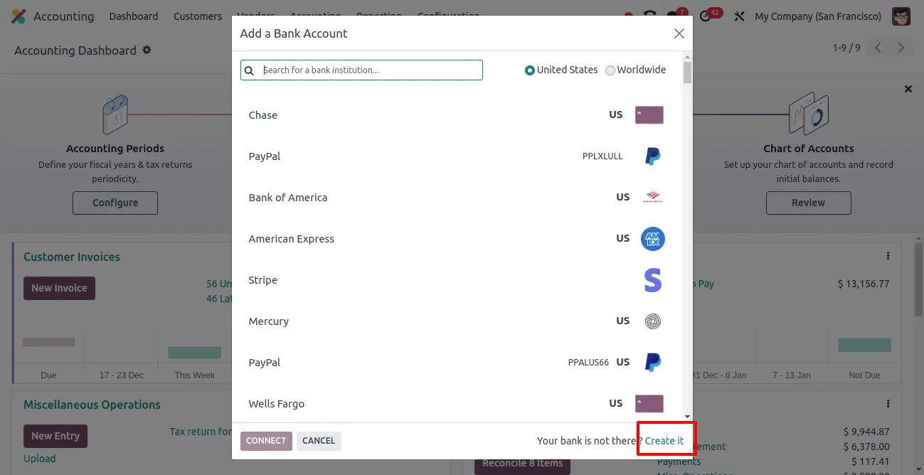  Add a Bank Account, click on Create it.