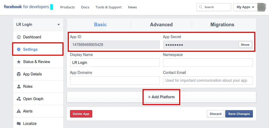 Get App Id and App Secret Key and Then click on Settings