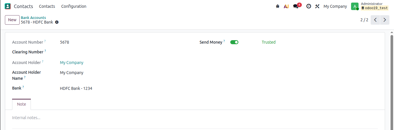 Configure a bank account in Odoo 19 - Contacts Configuration Bank Accounts screen with account number, bank, account holder, and Send Money fields