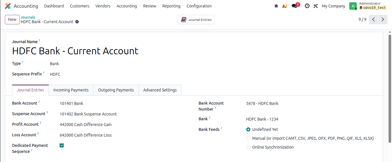 Create a new bank journal in Odoo 19 - Accounting Configuration Journals screen with journal name, type, short code, suspense account, and bank feeds settings