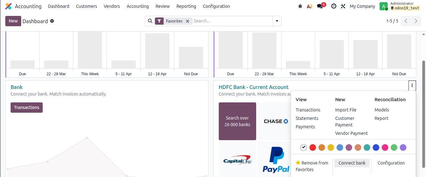 Odoo 19 bank auto-sync setup - Accounting Dashboard with connect bank option on bank journal (step 1)