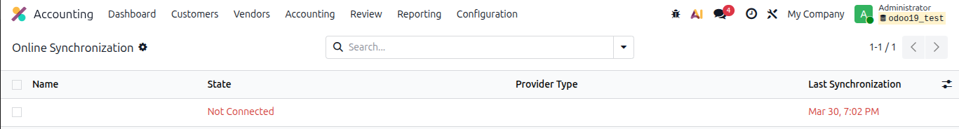 Odoo 19 bank auto-sync setup - bank account connected and visible under Online Synchronization menu (step 3)