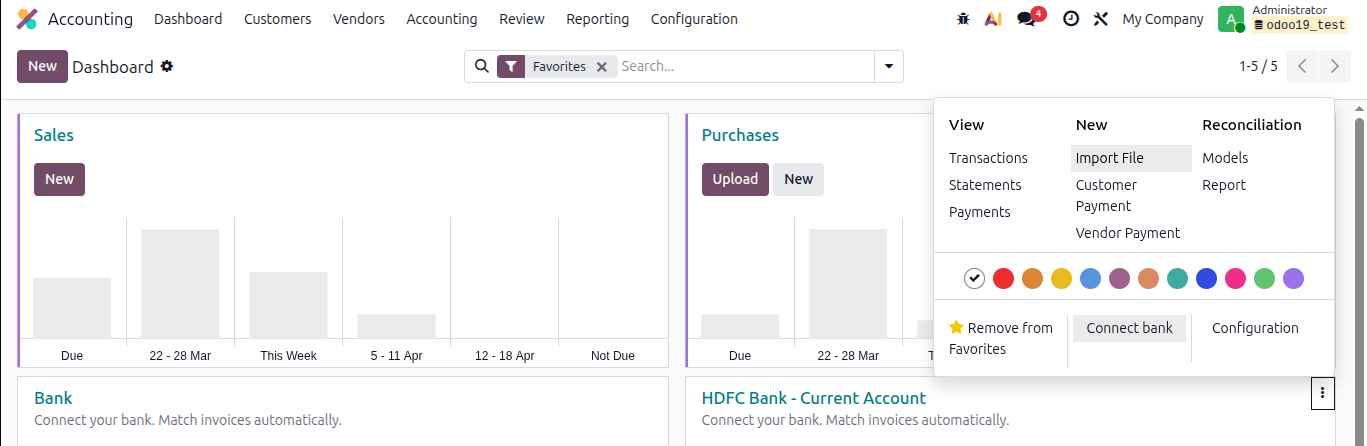 Import bank statement in Odoo 19 - Import File button on Accounting Dashboard bank journal card