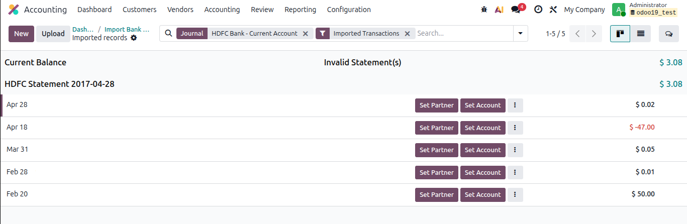 Odoo 19 bank statement import - imported transactions visible in Bank Matching View with Not Matched status