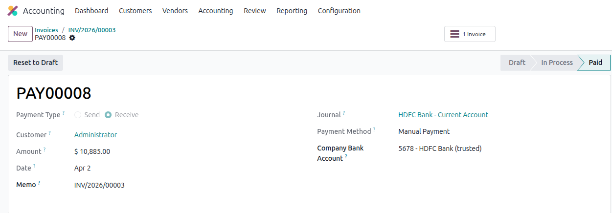 Register vendor bill payment in Odoo 19 - Register Payment dialog for vendor bill