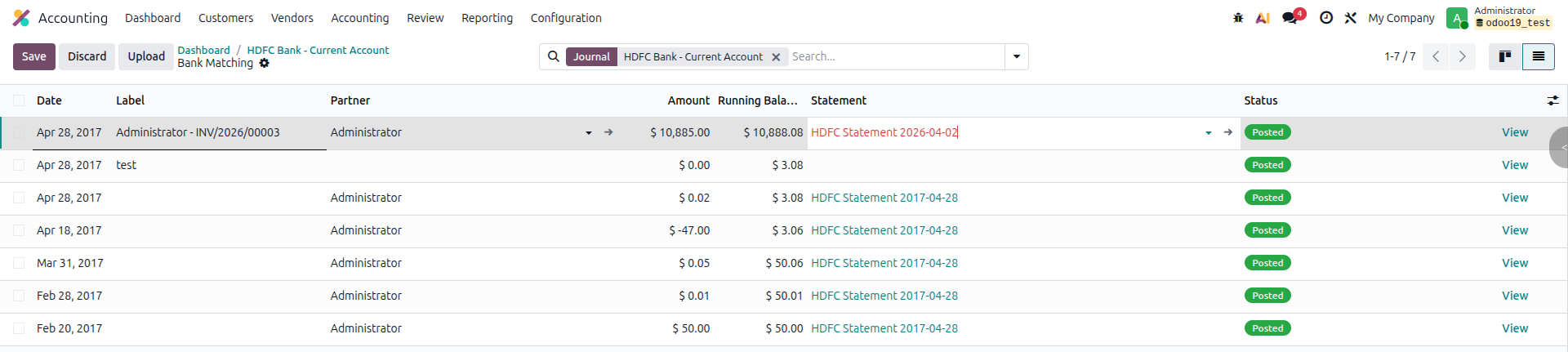 New manual bank transaction form in Odoo 19 - entering date, label, partner, amount, and statement