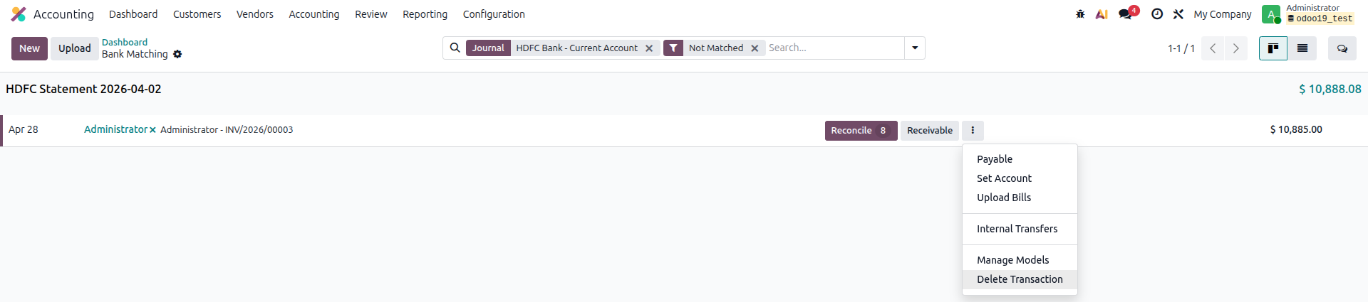 Odoo 19 Bank Matching View transaction row showing date, label, partner, amount, and action buttons columns
