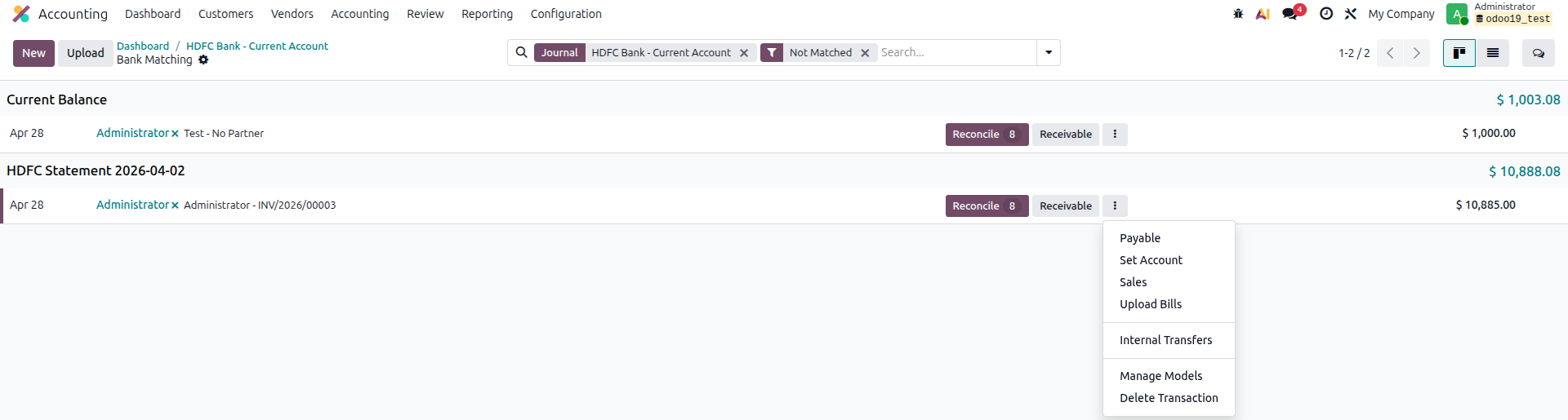 Odoo 19 Bank Matching View - Sales action button appearing for a transaction linked to an open sales order
