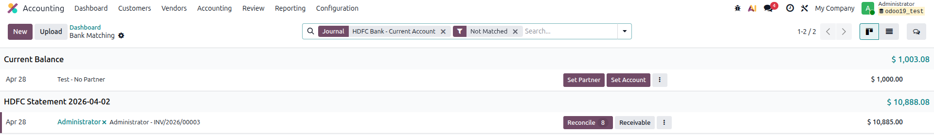 Odoo 19 Bank Matching View - Set Partner action button on a bank transaction without a recognized partner name