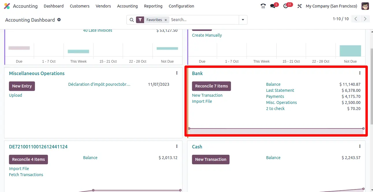 Odoo automatically calculates and displays the number of pending reconciled entries in the dashboard.