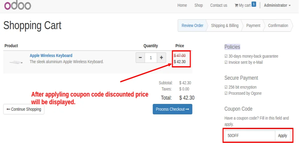 Coupon code functionality in Odoo E-commerce