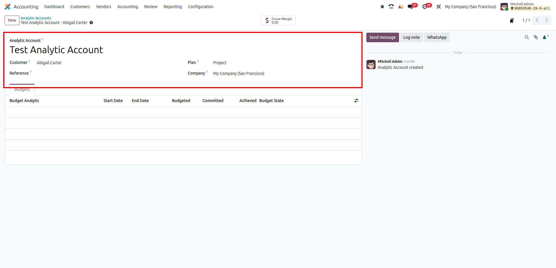 Odoo analytic account affects the budget.