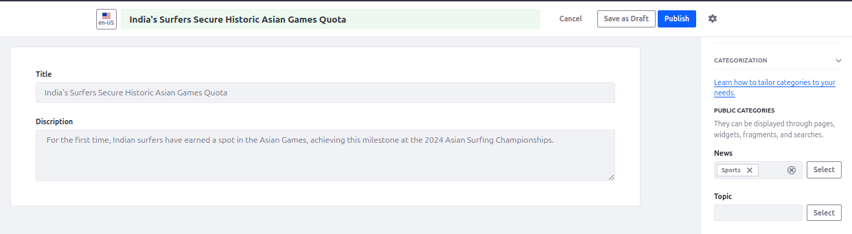 Sport category Web Content