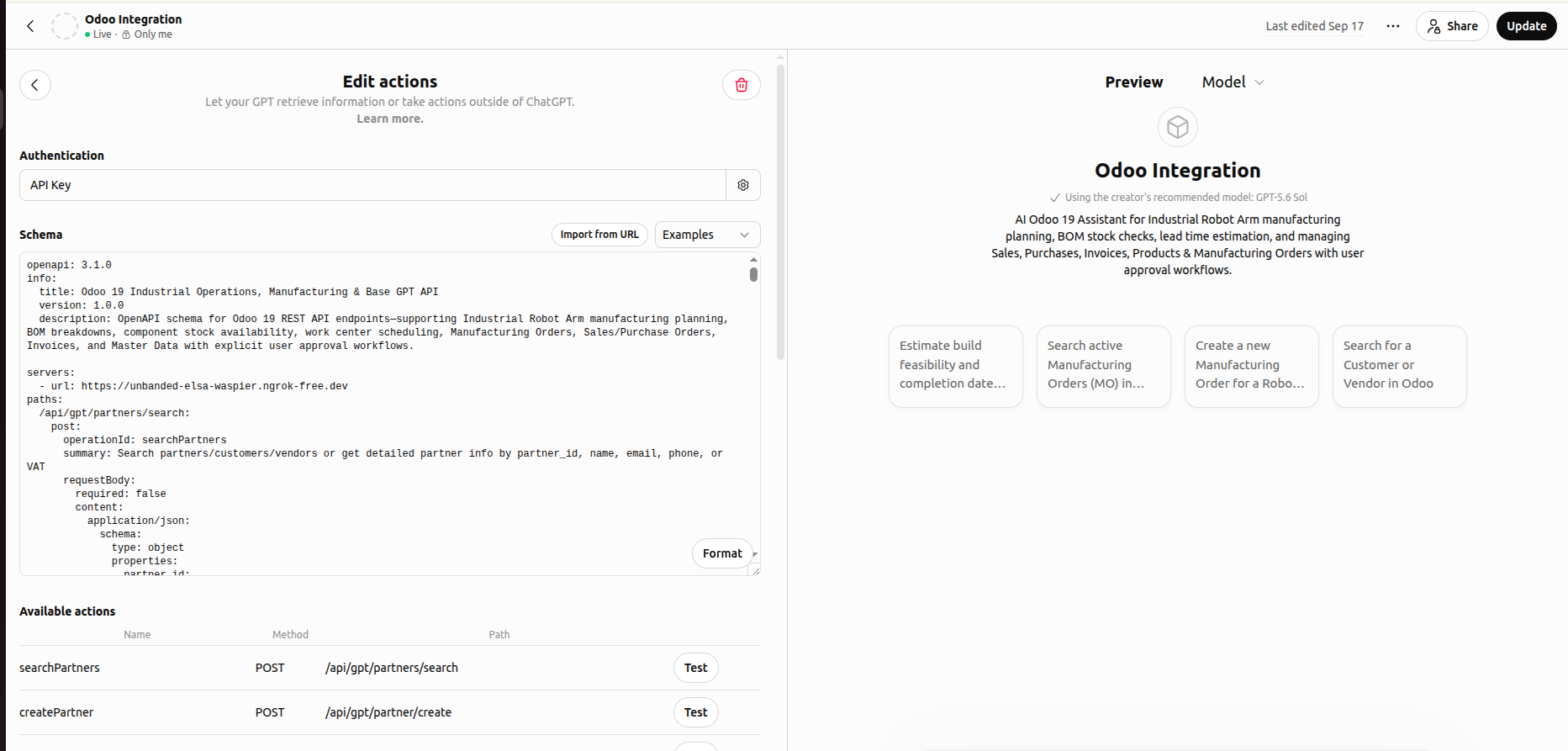 Odoo integration and defined actions
