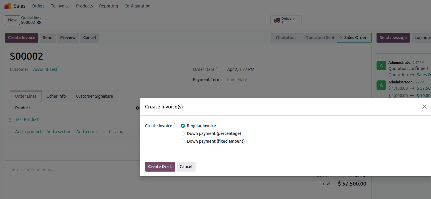 Odoo 19 bank reconciliation example Step 2 - creating invoice from sale order using Create Invoice button