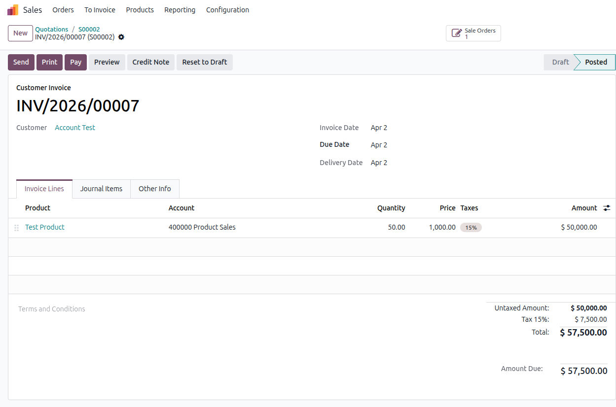 Odoo 19 bank reconciliation example Step 3 - confirming invoice using the Confirm button to change status from Draft to Posted