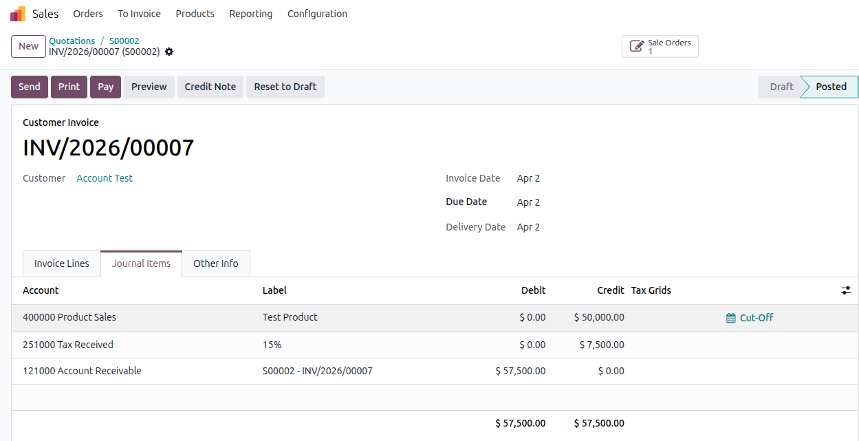 Odoo 19 bank reconciliation example Step 3 - posted invoice showing journal entry debiting Accounts Receivable 57,500 and open receivable status