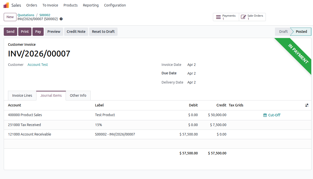 Odoo 19 bank reconciliation example Step 4 - payment journal entry showing 57,500 moved from Accounts Receivable to Outstanding Receipts Account