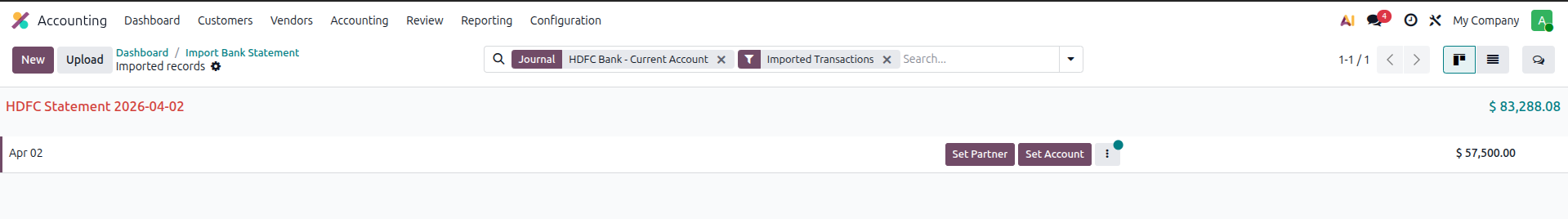 Odoo 19 bank reconciliation example Step 5 - imported bank statement transactions visible in Bank Matching View after clicking Import