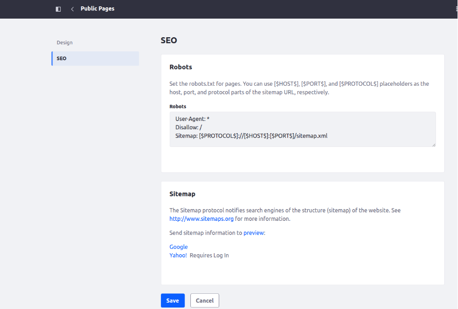 Accessing Public Pages SEO Settings