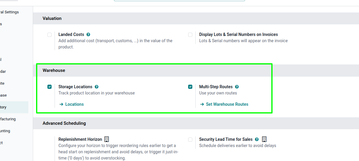 Enable Multi-Step Routes in Odoo Settings