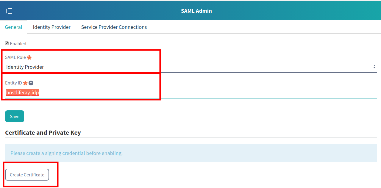 SAML Admin Screen