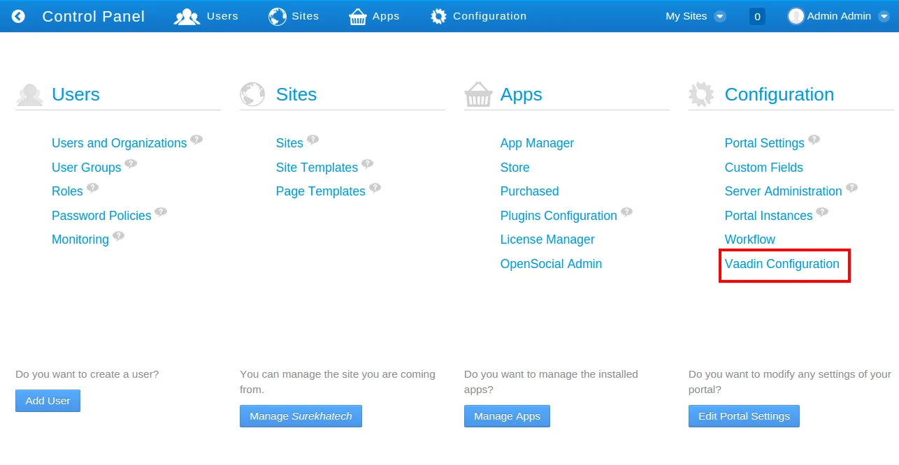 Click on Vaadin Configuration in Control Panel