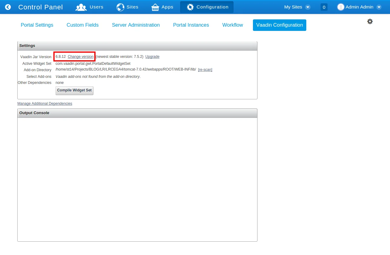 Click on Change Version in Vaadin Control Panel