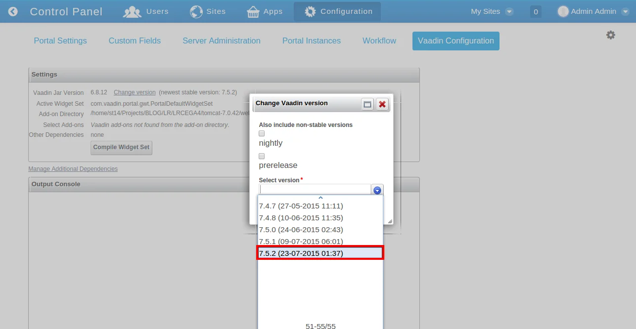 Select Version from Dropdown in Change Vaadin Version Pop up